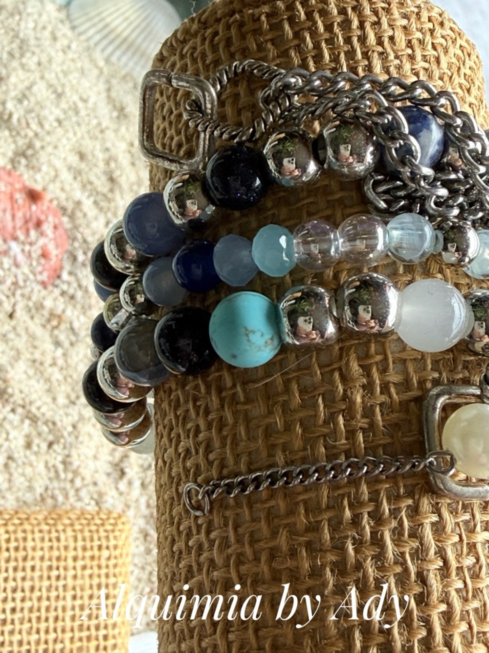 Turquoise, Aqua and Blue gemstones Beaded Multi-Strand Bracelet stack - Picture 3 of 7